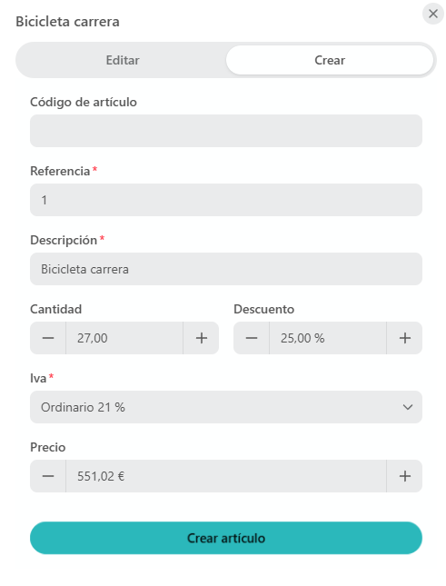 Modal de creación de un artículo (pestaña Crear)