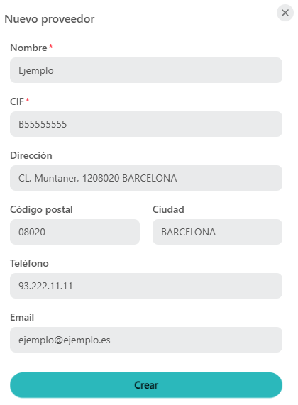 Modal Nuevo proveedor