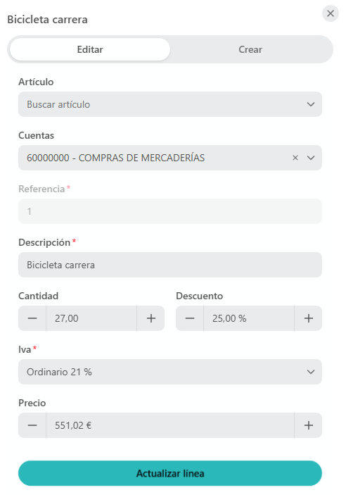 Modal de edición de una línea (pestaña Editar)
